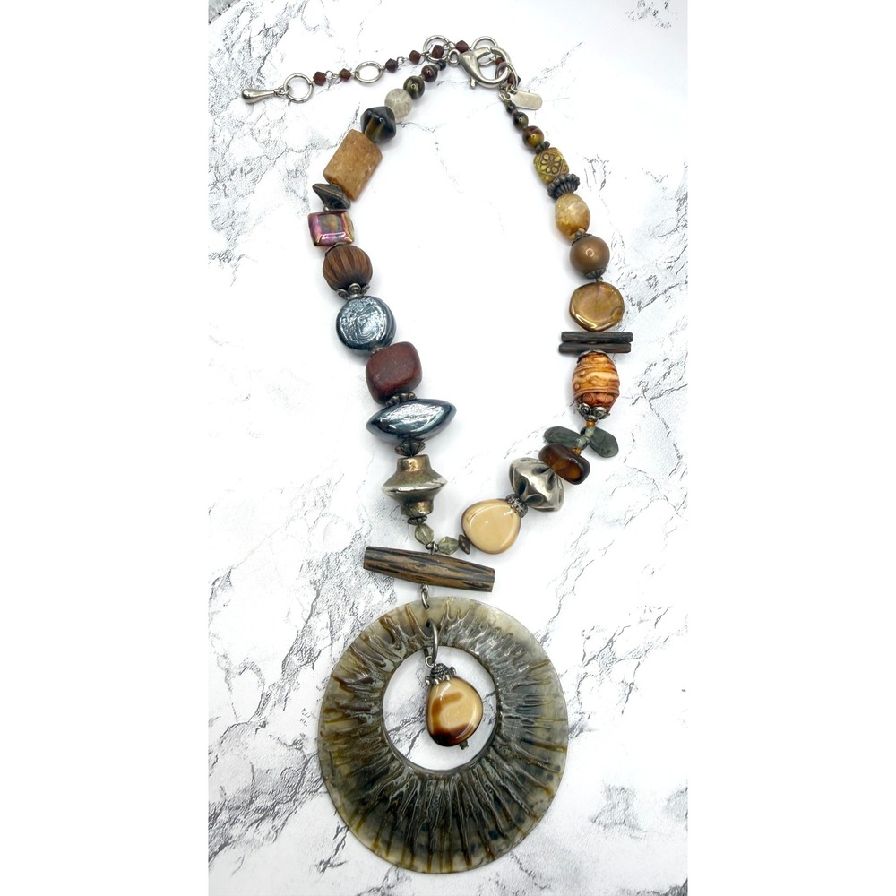 Treska Statement Necklace Large Pendant Mixed Media Beaded Boho Natural Stones - Picture 3 of 7